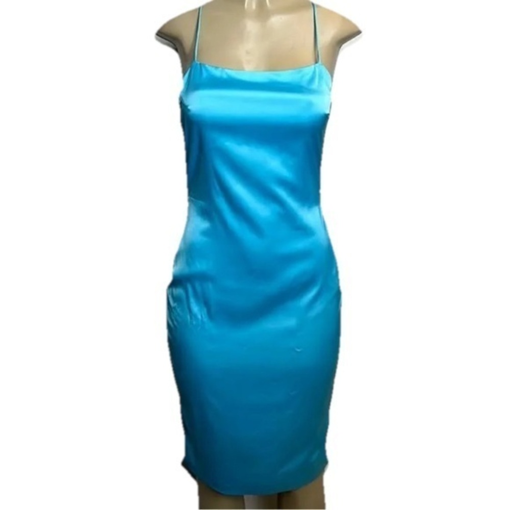 Meshki Baby Blue Satin Bebe Thin Strap Lace Up Midi Dress Sz. S NWT!
